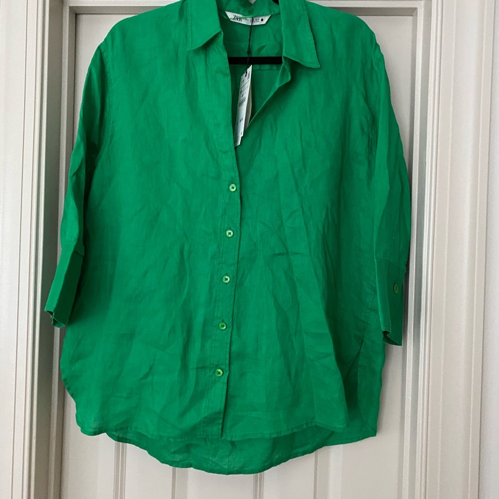 Zara NWT True Green 100% Linen Lightweight 3/4 Sleeve Button-Front Shirt